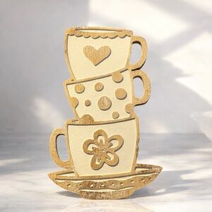 Toppling Teacups Etched Wooden Wall Hanging Plaque Heart Dots Flower Rustic